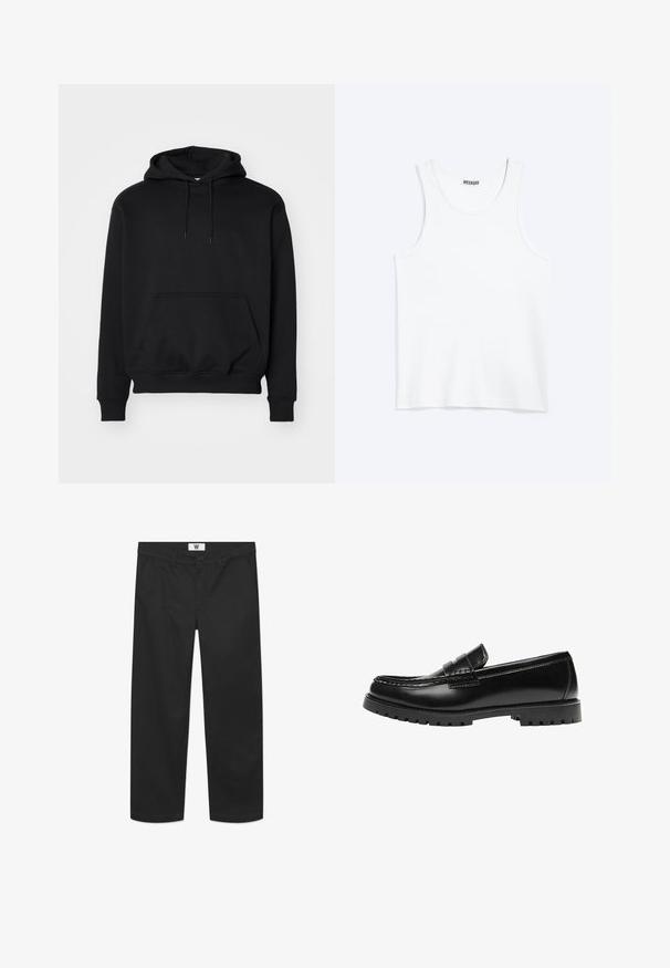 Sweat à capuche noir en mélange de coton doux, doté d'une poche kangourou, d'une capuche avec cordon de serrage, de poignets côtelés et d'une coupe décontractée.; Débardeur blanc sans manches avec col rond et étiquette de la marque Weekday à l'intérieur du col arrière, présenté à plat sur un fond clair.; Chino noirs en tissu de coton lisse. Dotés d'une fermeture à bouton, de poches avant et d'une coupe droite avec des bords nets.; Mocassin en cuir noir avec une semelle en caoutchouc épaisse et un détail classique de bride à monnaie, vu de côté extérieur.