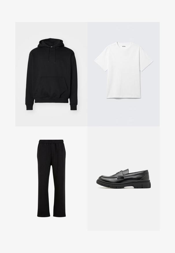 Sort pullover hoodie lavet af blød bomuldsblanding, har en kengurutaske, snøre i hætten, ribbede ærmer, og en afslappet pasform.; Hvid kortærmet crewneck T-shirt lagt fladt ud, ensfarvet design, med "WEEKDAY" mærkat inde i kraven på en lys baggrund.; Urban Classics Træningsbukser - black; Sort læder loafersko med en bred rem over forfoden, gummisål med tykke mønstre og glat overflade. Klassisk, slankt design.