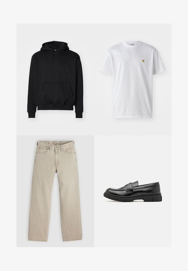 Μαύρο πουλόβερ hoodie από μαλακή σύνθεση βαμβακιού, διαθέτει καπιτονέ τσέπη, κουκούλα με κορδόνια, ριμπ μανσέτες και χαλαρή εφαρμογή.; Λευκό βαμβακερό T-shirt με κοντά μανίκια, κλασική λαιμόκοψη, που διαθέτει ένα μικρό χρυσό λογότυπο στην αριστερή περιοχή του στήθους. Μαλακή υφή και κανονική εφαρμογή.; Μπεζ τζιν denim με χαλαρή εφαρμογή, με πέντε τσέπες, κλείσιμο με κουμπί και φερμουάρ, και εμφανή ραφές κατά μήκος των ραφών.; Μαύρος δερμάτινος λουστρίνι με φαρδύ λουρί στη μπροστινή πλευρά, καουτσούκ σόλα με χοντρές τρέχουσες και λεία υφή. Κλασικός, κομψός σχεδιασμός.