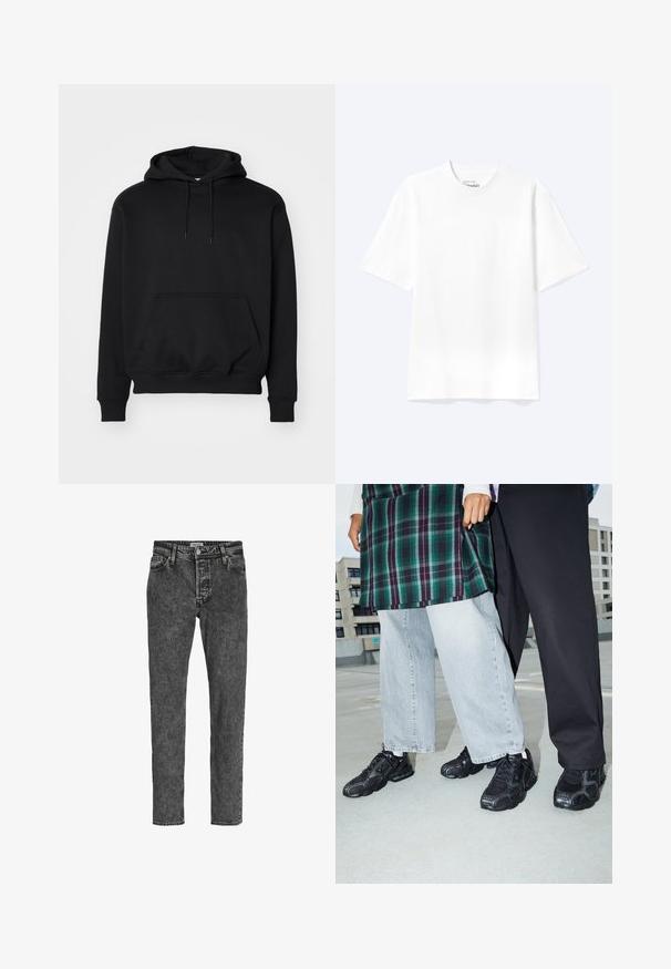 Sweat à capuche noir en mélange de coton doux, doté d'une poche kangourou, d'une capuche avec cordon de serrage, de poignets côtelés et d'une coupe décontractée.; T-shirt blanc uni à manches courtes et col rond avec une coupe décontractée, présenté sur un fond clair.; Jack & Jones Relaxed Fit JJICHRIS JJORIGINAL SQ 734 - Jeans fuselé - black denim; Baskets de sport noires avec des accents en mesh et en caoutchouc. Portées avec un jean large gris clair et un haut à carreaux vert. Fond à surface plane.