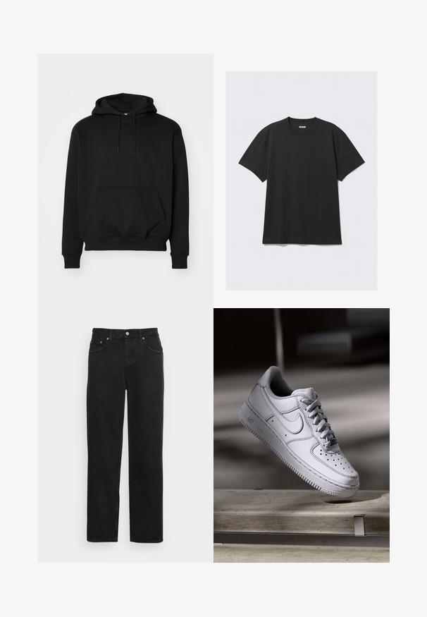 Sweatshirt preto com capuz feito de uma mistura de algodão suave, apresenta um bolso canguru, capuz com cordão, punhos canelados e um corte relaxado.; T-shirt preta de manga curta feita de algodão. Apresenta um decote redondo e um corte descontraído. Design simples, sem padrões ou detalhes visíveis.; Calças de ganga pretas com corte de perna reta, layout de cinco bolsos e fecho com botão de metal, apresentando uma textura subtil. Sem padrões ou realces visíveis.; Sapatilha Nike Air Force 1 em pele branca com biqueira perfurada, atacadores planos e sola de borracha texturada com a marca "AIR" na lateral.