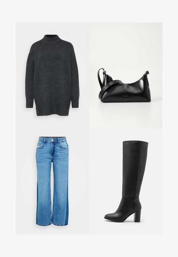Pull en maille oversize à col roulé de couleur gris foncé. Présente des poignets et un ourlet côtelés, une texture douce, et des fentes latérales à l'ourlet pour un ajustement décontracté.; Jean en denim bleu clair à jambes larges et taille haute, doté de deux poches avant, d'une fermeture à boutons et de panneaux latéraux contrastants.; Bottes noires jusqu'au genou en cuir lisse, dotées d'un talon épais et d'un bout arrondi. Design minimaliste sans quincaillerie ni décorations visibles.; Sac à main en cuir noir avec une texture lisse. Dispose d'une bandoulière adjustable et d'un design élégant et minimaliste avec une fermeture éclair.