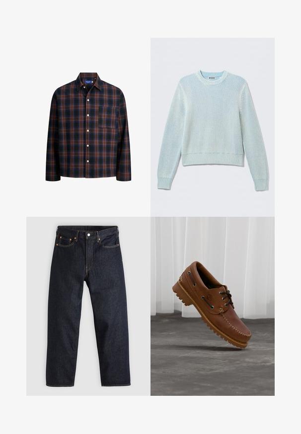 Pull bleu clair en maille, col rond, manches longues avec poignets et ourlet côtelés, étiquette "WEEKDAY" à l'intérieur du col.; Chemise à manches longues à carreaux avec un motif de checks bleus, bruns et noirs, fermeture par boutons et poche poitrine. Fabriquée en tissu doux.; Jean en denim bleu foncé avec une coupe droite, cinq poches, des coutures orange contrastantes et une fermeture à boutons. Pas de motifs ou d'ornements visibles.; Chaussure de bateau en cuir marron avec des lacets noirs, des coutures beiges et une semelle robuste, suspendue au-dessus d'un sol en béton gris.