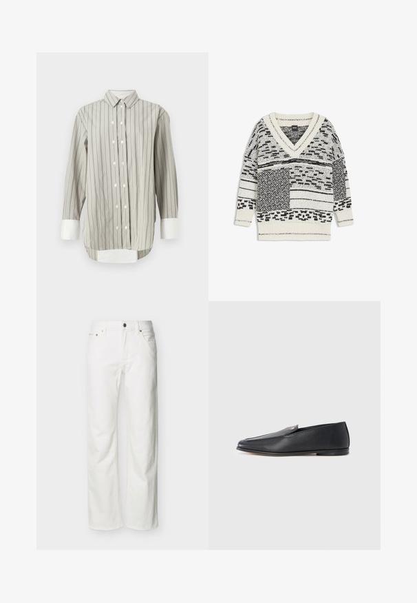 Sort-hvidt mønstret strikket sweater med V-hals og ribbede manchetter, krave og kant, lagt fladt på en hvid baggrund.; Stribet skjorte i grå og hvid, med klassisk krave, knaplukning med hvide knapper og kontrasterende hvide manchetter. Lange ærmer.; Hvide jeans med lige ben, forlommer, bæltestropper, knaplukning og synlige sømme på en ensartet baggrund.; Sorte læderloafers med en glat tekstur, rundet tå og subtile syningsdetaljer. Har en guldfarvet logoaccent på oversiden.