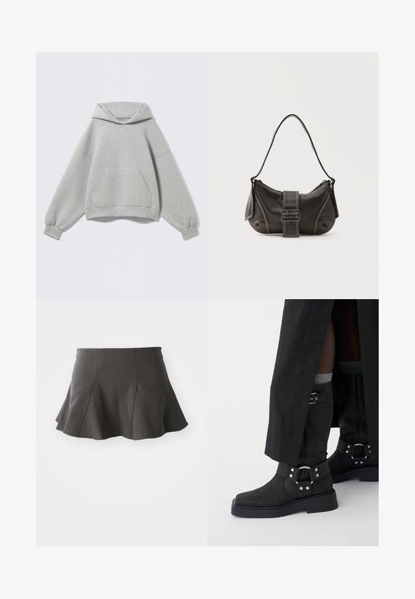 Sweat à capuche oversize gris clair avec une poche kangourou devant, des poignets côtelés et une capuche pliée, présenté sur un fond uni.; Jupe noire évasée avec une taille ajustée, présentant des coutures verticales et une texture lisse. L'ourlet est légèrement incurvé et se situe au-dessus de mi-cuisse.; Bottines noires en cuir à finition mate, avec un embout carré et des boucles décoratives. La semelle est épaisse et texturée.; Sac à épaule en cuir noir avec une sangle à boucle, des bords arrondis et des coutures blanches contrastées sur un fond uni.