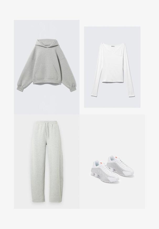 Lichtgrijze oversized hoodie met een voorzak in kangaroestijl, geribde boorden en een gevouwen capuchon, afgebeeld tegen een effen achtergrond.; Witte long-sleeve top met een crossover ontwerp en een zak. Gemaakt van een gladde, rekbare stof. Geknipt in een casual, relaxte pasvorm.; Lichtgrijze joggingbroek met een elastische tailleband en trekkoord. De stof heeft een zachte textuur en rechtvallende, losse pijpen.; Witte hardloopschoenen met grijze accenten, voorzien van een getextureerde bovenkant, perforaties voor ventilatie en een gesegmenteerde hak voor demping.