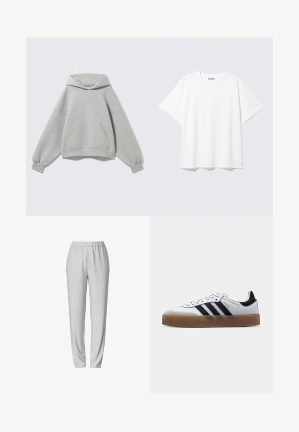 Sudadera con capucha oversize de color gris claro con un bolsillo tipo canguro delantero, puños acanalados y capucha plegada, mostrada sobre un fondo liso.; Camiseta blanca de manga corta con cuello redondo y un ajuste holgado, con una etiqueta "WEEKDAY" en la parte interior trasera del cuello.; Pantalones de chándal grises con una cinturilla elástica, diseño de pierna ajustada, textura suave y sin patrones visibles ni detalles de hardware.; Zapatillas de cuero blancas con rayas negras, suela de goma, puntera redonda, cierre de cordones y caperuza de ante gris suave.
