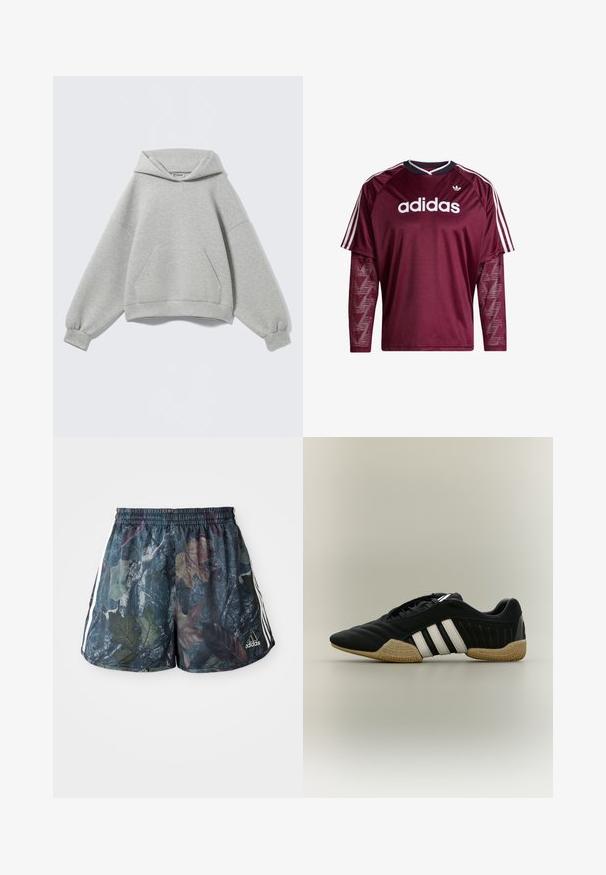 Sweat à capuche oversize gris clair avec une poche kangourou devant, des poignets côtelés et une capuche pliée, présenté sur un fond uni.; Chemise à manches longues Adidas couleur marron avec manches en mesh, logo blanc et rayures sur les épaules, col noir et blanc, vue de face.; Un short pour adulte avec un motif de feuilles multicolores sur fond sombre, doté d'une taille élastique et de rayures blanches sur les côtés.; Chaussure de sport noire avec des bandes blanches et une semelle beige texturée sur un fond neutre, vue de profil.