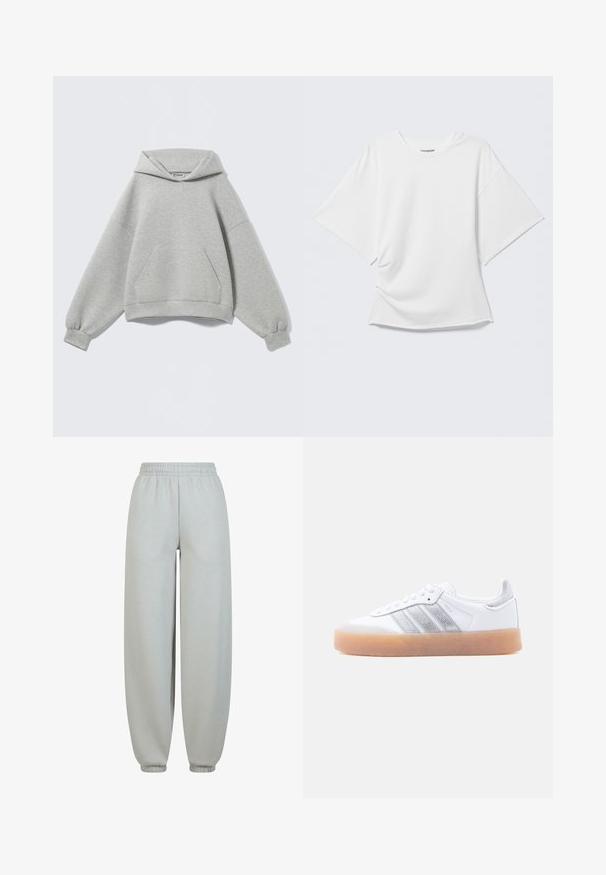 Sudadera con capucha oversize de color gris claro con un bolsillo tipo canguro delantero, puños acanalados y capucha plegada, mostrada sobre un fondo liso.; Camiseta blanca oversized de manga corta con cuello redondo mostrada sobre un fondo gris claro.; Pantalones de chándal grises con una cinturilla elástica, puños ajustados y una textura suave. Tienen un corte holgado sin patrones o adornos visibles.; Zapatilla blanca de perfil bajo con suela de goma, acentos laterales plateados a rayas y cierre de cordones, mostrada sobre un fondo claro y liso.