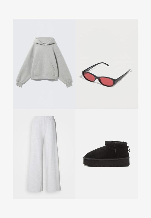 Lichtgrijze oversized hoodie met een voorzak in kangaroestijl, geribde boorden en een gevouwen capuchon, afgebeeld tegen een effen achtergrond.; Lichtgrijze wijde broek met een elastische tailleband, gemaakt van zachte stof met een subtiele textuur en zonder zichtbare patronen of accenten.; Zwarte suède enkellaars met een ronde neus, voorzien van een verhoogde zool en een zijlus voor gemakkelijk aantrekken. Het ontwerp is eenvoudig met minimale accenten.; Zwarte ovale zonnebril met slanke pootjes en rood getinte glazen, rustend op een witte ondergrond.