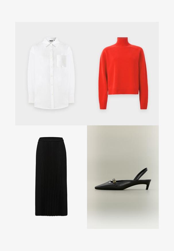 Pull col roulé rouge en tissu tricoté doux. Il présente un col ajusté, des manches longues et un ourlet court. Texture lisse, sans motifs.; Chemise blanche à boutons, fabriquée dans un tissu léger. Elle possède un col classique, des manches longues et une poche plaquée sur la poitrine avec une texture lisse.; Jupe midi plissée noire avec taille élastique et plis verticaux, présentée sur fond blanc.; Escarpin slingback en cuir noir avec talon kitten, bout pointu et petite boucle dorée sur un fond uni.