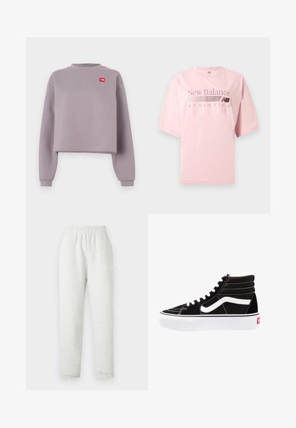 Paarse cropped sweatshirt met lange mouwen, geribde halslijn en een klein rood logoplaatje op de borst. Zacht materiaal met een gladde textuur.; Lichtroze New Balance Athletics T-shirt met korte mouwen, een ronde hals en logotekst gedrukt op de borst.; Lichtgrijze sweatpants met een elastische tailleband, taps toelopende pijpen en ribgebreide manchetten. Gemaakt van een zachte, gestructureerde stof. Witte logodetail aan de zijkant.; Zwarte high-top sneakers met witte veters, een wit logo en contrasterende witte stiksels. Heeft een dikke witte zool en een bovenwerk van gestructureerd suede.