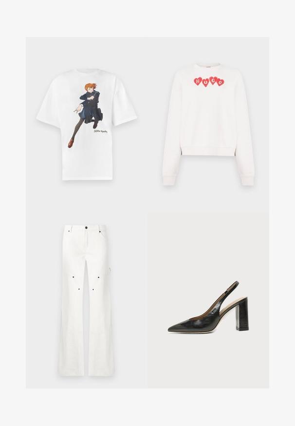 Sweatshirt blanc à coupe courte, avec des motifs de cœurs rouges et le mot "HUGO" en lettres rouges sur la poitrine.; T-shirt en coton blanc présentant un motif graphique d'un personnage aux cheveux orange, portant un manteau bleu et des leggings noirs. Texte "Jujutsu Kaisen" inclus.; Pantalon blanc à jambes droites avec fermeture à boutons et fermeture éclair, passants pour ceinture, et plusieurs rivets noirs sur la partie avant des cuisses.; Chaussure slingback en cuir noir à bout pointu avec un talon bloc haut et une doublure intérieure beige sur un fond clair uni.