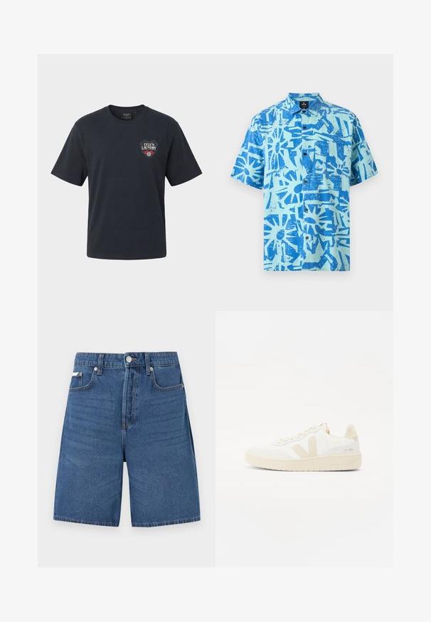 Schwarzes T-Shirt mit kurzen Ärmeln und einem kleinen herzförmigen "Lyle's Laundry"-Logo auf der linken Brustseite, mit weißen und roten Text- und Designelementen.; Kurzärmliges Hemd mit Knopfleiste, hellblauem Hintergrund und markanten, abstrakten blauen Sonnenstrahlmustern. Vordertasche auf der linken Seite.; Hellblaue Jeansshorts mit Frontreißverschluss, Knopfverschluss, Gürtelschlaufen und fünf Taschen, vor schlichtem weißem Hintergrund dargestellt.; Weißer Sneaker mit beigen Akzenten, ausgestattet mit einem strukturierten Obermaterial, runder Zehenpartie und einer dicken Gummisohle. Das Design umfasst das ikonische V-Logo und Branding.