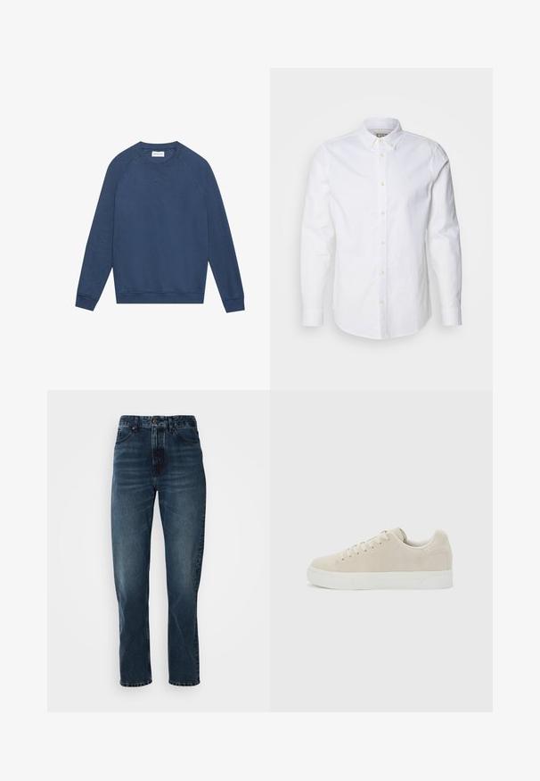 Sudadera azul de cuello redondo y manga larga con mangas raglán, puños y dobladillo de canalé, y un pequeño detalle bordado en forma de "X" debajo del escote.; Camisa blanca de manga larga con botones, hecha de algodón, que presenta un cuello estructurado, bordado de logotipo sutil y botones de color beige claro.; Jeans de pierna recta azul oscuro con cierre frontal de botón y cremallera, diseño de cinco bolsillos y un ligero desgaste en los muslos y las rodillas.; Zapatilla beige de corte bajo con cordones en la parte delantera y suela gruesa de goma blanca sobre un fondo liso gris claro.
