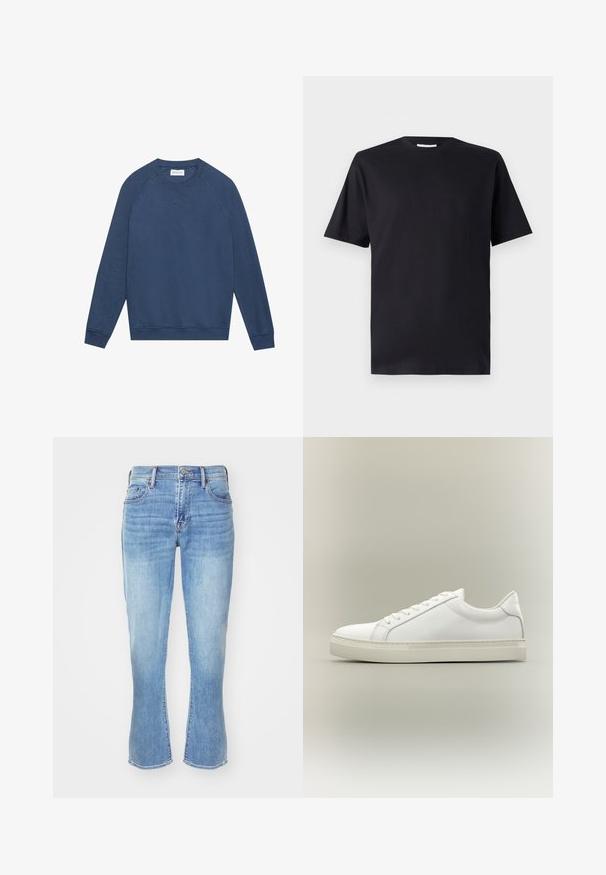 Langärmliges, blaues Crewneck-Sweatshirt mit Raglanärmeln, gerippten Bündchen und Saum sowie einem kleinen gestickten "X"-Detail unterhalb des Kragens.; Schwarzes kurzärmliges T-Shirt aus Baumwolle mit einem Rundhalsausschnitt und klassischem Schnitt, ohne Muster oder sichtbare Markenlogo.; Hellblaues Denim-Jeans mit geradem Schnitt, ausgestellten Beinöffnungen, Fünf-Taschen-Design und subtiler Abnutzung an den Knien und Oberschenkeln.; Weißer Sneaker mit niedrigem Schaft, vorn mit Schnürung und dicker Sohle, aus der Seitenansicht vor neutralem Hintergrund.