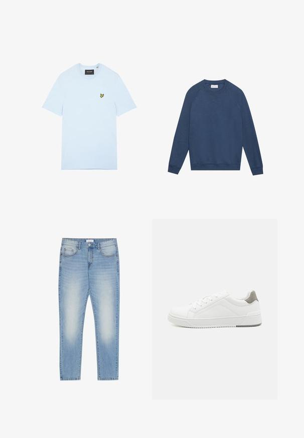 Sweatshirt bleu à manches longues, col rond, avec des manches raglan, des poignets et un ourlet côtelés, et un petit détail en « X » brodé sous l'encolure.; T-shirt en coton bleu clair avec col rond, arborant un petit logo d'oiseau jaune brodé sur le côté gauche de la poitrine. Manches courtes, couleur unie.; Jean en denim bleu clair avec une coupe regular, design à cinq poches, légère patine à l'avant et finition jambe droite.; Basket blanche en cuir lisse, à bout arrondi, design minimaliste, accent de talon gris et semelle en caoutchouc texturé.