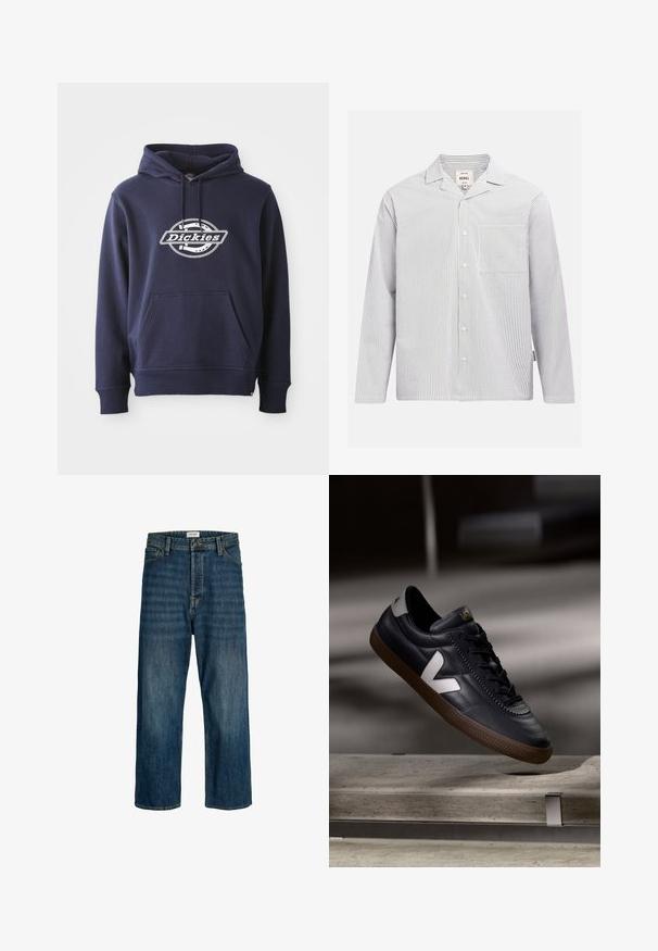 Navyblauer Hoodie aus Baumwollmischung. Mit einer Fronttasche und Kapuze mit Kordelzug. Weißes "Dickies"-Logo über der Brust in einem kreisförmigen Design.; Langärmeliges Hemd zum Knöpfen mit weißen und schwarzen vertikalen Streifen und einer einzelnen Brusttasche auf der linken Seite.; Jeans aus Denim in einer dunkelblauen Waschung mit geradem Bein. Zu den Merkmalen gehören ein Knopfverschluss, Gürtelschlaufen und gestickte Akzente.; Schwarze Leder-Sneaker mit weißem V-Logo, Schnürung vorne, durchbrochene Details und brauner Gummisohle; schlankes Design mit minimalen Akzenten.