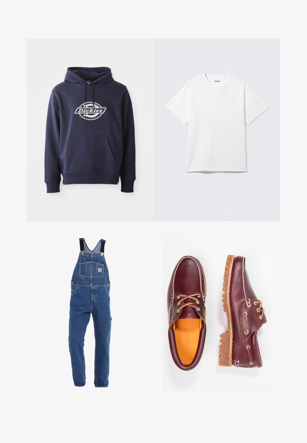 Navyblauer Hoodie aus Baumwollmischung. Mit einer Fronttasche und Kapuze mit Kordelzug. Weißes "Dickies"-Logo über der Brust in einem kreisförmigen Design.; Weißes T-Shirt mit kurzen Ärmeln und Rundhalsausschnitt, flach liegend, schlichtes Design, mit „WEEKDAY“-Etikett innen im Kragen auf hellem Hintergrund.; Jeanslatzhosen in einem mittleren Blauton, mit verstellbaren schwarzen Trägern, mehreren Taschen und Metallbeschlägen.; Bordeauxfarbene Lederschuhe mit braunen Gummisohlen, runder Zehenform, weißen Nähten und goldenen Ösen. Das Innenfutter weist eine gelbe Beschichtung auf.