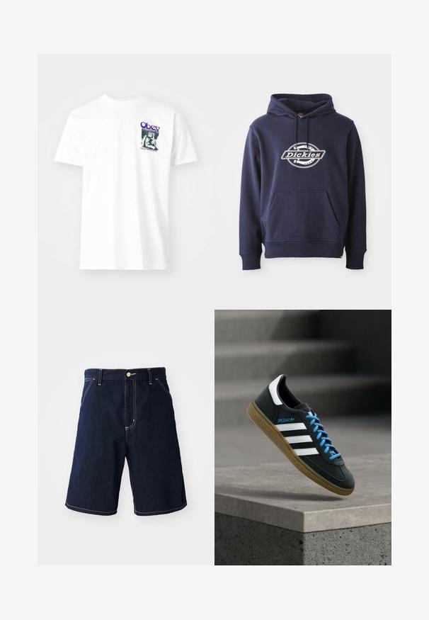 Námornícky modrá mikina vyrobená z bavlneného zloženia. Obsahuje predné vrecko a kapucňu so šnúrkou. Biele logo "Dickies" na hrudníku v kruhovom dizajne.; Biely bavlnený tričko s grafickou potlačou v purpurovej farbe, zobrazujúce sediacu postavu s textom "Obey" a "Stop Worry Now!" v čiernej farbe.; Džínové šortky v tmavomodrej farbe s bielym prešívaním, klasický strih, päť vreciek a zapínanie na prednej strane na gombík.; Čierna teniska Adidas s bielymi pruhmi, modrými šnúrkami a gumovou podrážkou, ktorá sa vznáša nad sivým betónovým schodom v mäkkom svetle.