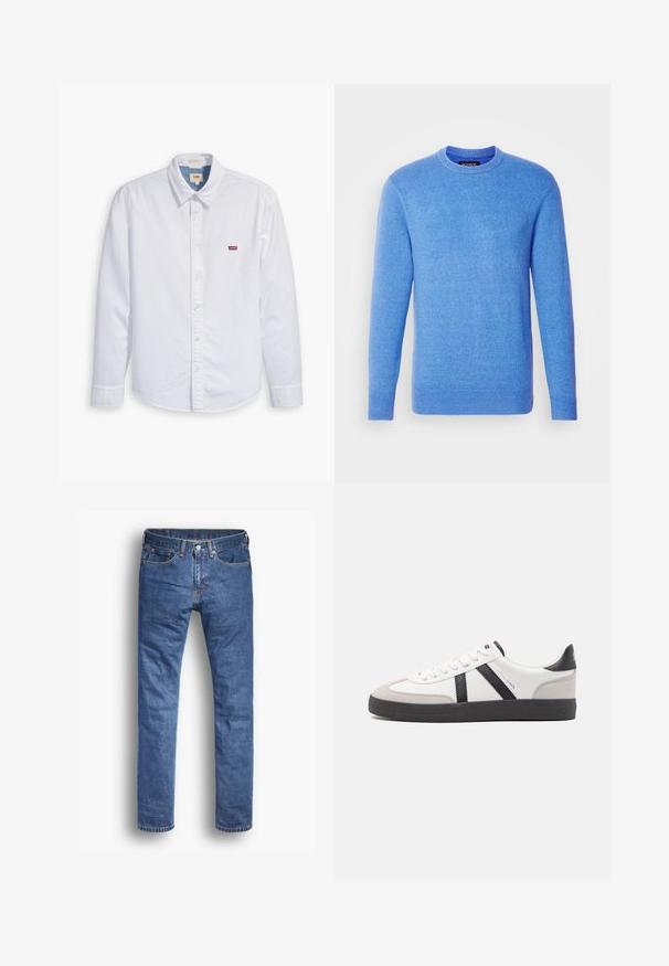Jersey de punto azul con mangas largas, escote redondo, puños y dobladillo acanalados. Textura suave, color uniforme, etiquetado en el interior del cuello.; Camisa de botón de manga larga blanca hecha de algodón. Presenta un cuello puntiagudo y un pequeño logo rojo de Levi's en el pecho izquierdo. Textura suave.; Vaqueros de mezclilla en un lavado azul medio con un corte recto, que cuentan con cinco bolsillos, un cierre de botón y cremallera, y sutilezas en los acentos de costura.; Zapatilla blanca con acentos en negro y gris, que presenta una puntera texturizada en gris, suela de goma negra y cordones planos blancos. Diseño limpio, estilo minimalista.