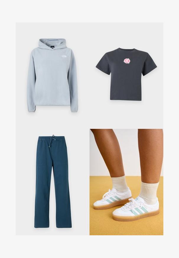 Lyseblå fleece-hættetrøje med frontlomme, justerbar hætte og ribstrikkede manchetter. Har et lille hvidt logo på venstre bryst.; Mørkegrå kortærmet croppet t-shirt med en lille rund lyserød og hvid logo med en silhuet af en person i bevægelse på brystet.; Mørkeblå bukser med lige ben, elastik i taljen og snøre, med to forlommer.; Hvite sneakers med mintgrønne striber, gummisål og snørebånd, parret med ribbede cremefarvede sokker. Sat mod en gul baggrund.