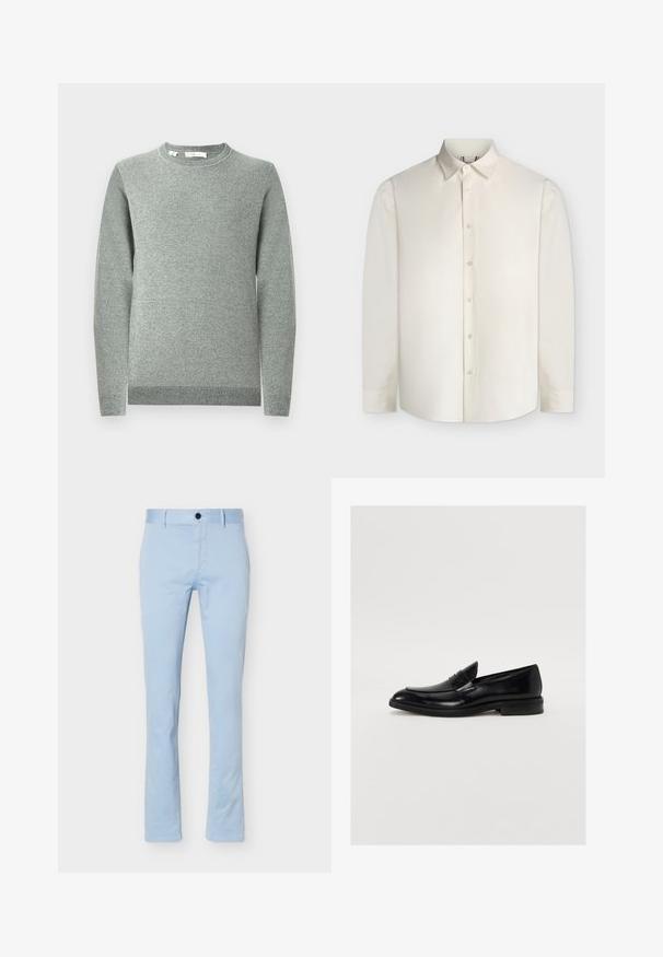 Pull en maille gris clair avec un col rond, des manches longues, des poignets et un ourlet côtelés. Tissu texturé avec un motif subtil.; Chemise blanche à manches longues avec col pointu et boutonnage devant, centrée sur un fond uni clair.; Pantalon bleu clair coupe ajustée avec bouton frontal et passants de ceinture, présenté sur un fond blanc uni.; Mocassin en cuir noir avec une pointe arrondie, des coutures discrètes et une finition lisse. Doté d'un talon bas empilé et d'une sangle sur le cou-de-pied.