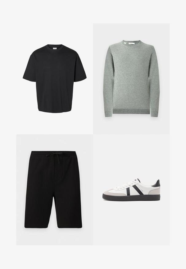 Hellgrauer Strickpullover mit Rundhalsausschnitt, langen Ärmeln, gerippten Bündchen und Saum. Strukturierter Stoff mit einem dezenten Muster.; Schwarzes T-Shirt mit kurzen Ärmeln und Rundhalsausschnitt, locker geschnitten und mit sichtbarem weißem Etikett im Kragen.; Schwarze knielange Shorts aus strukturiertem Stoff, mit elastischem Bund und verstellbarem Kordelzug.; Weiße Sneaker mit schwarz- und grau-aczenten, ausgestattet mit einer strukturierten grauen Zehenkappe, schwarzer Gummi-Sohle und flachen weißen Schnürsenkeln. Sauberes Design, minimalistische Stil.