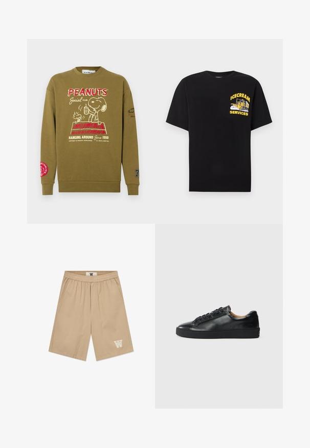 Sweatshirt vert olive avec motif Snoopy, texte rouge et blanc, col rond côtelé et logo rouge contrastant sur la manche gauche.; T-shirt noir avec un graphisme jaune représentant un camion de glace et le texte « ICECREAM SERVICES » sur le côté gauche de la poitrine.; Shorts beiges en tissu léger avec une taille élastique, des poches latérales et un accent logo blanc sur la jambe inférieure gauche.; Baskets en cuir noir avec une texture lisse, bout rond et fermeture à lacets. Comprend une semelle en caoutchouc épaisse et un minimum de détails de marque.