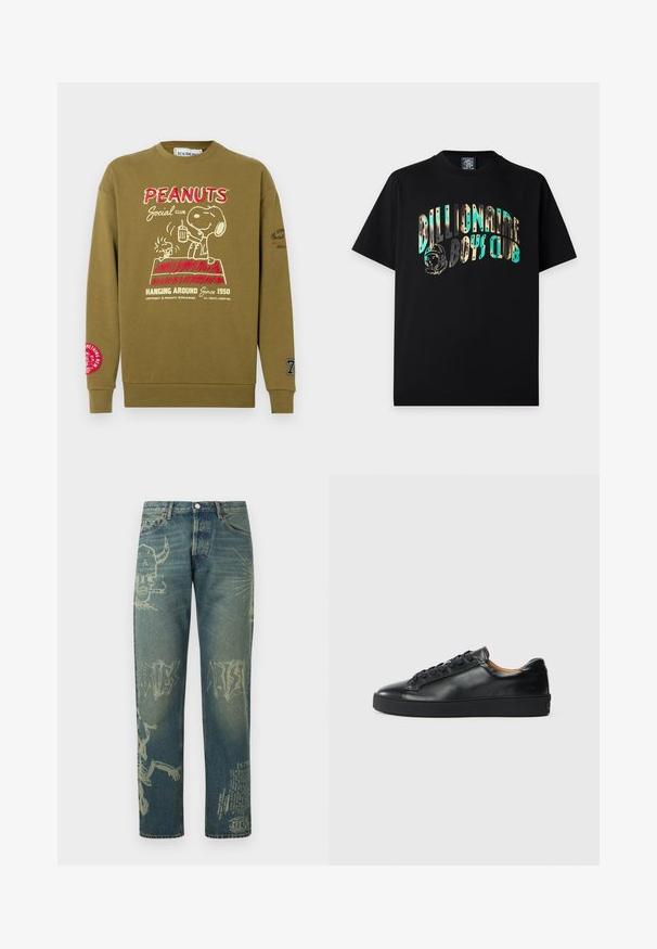 Sweatshirt vert olive avec motif Snoopy, texte rouge et blanc, col rond côtelé et logo rouge contrastant sur la manche gauche.; T-shirt noir à manches courtes avec le texte « Billionaire Boys Club » en camouflage bleu et beige et un motif casque d’astronaute sur la poitrine.; Jean en denim avec des imprimés graphiques délavés incluant un crâne cornu fumant, du texte abstrait et un squelette sur les jambes, vue de face.; Baskets en cuir noir avec une texture lisse, bout rond et fermeture à lacets. Comprend une semelle en caoutchouc épaisse et un minimum de détails de marque.