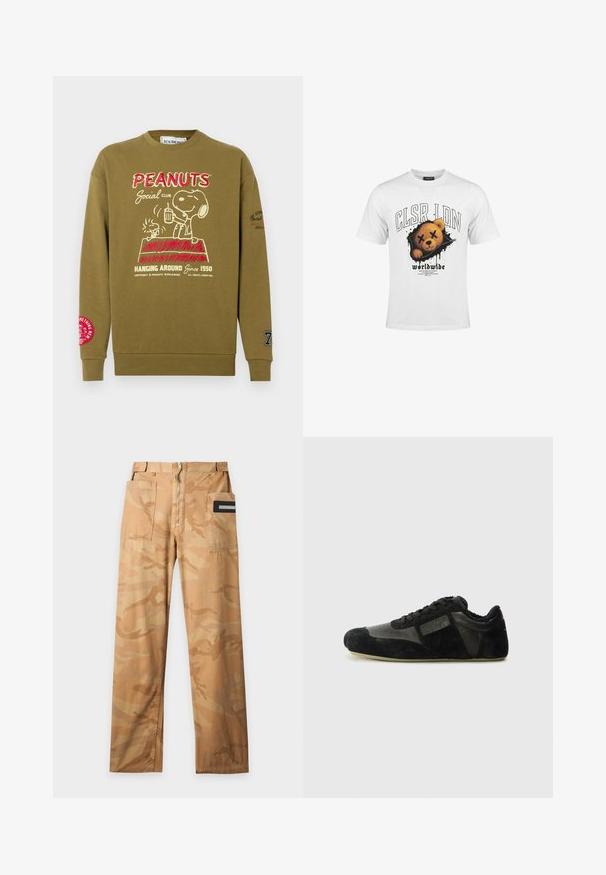 Sweatshirt vert olive avec motif Snoopy, texte rouge et blanc, col rond côtelé et logo rouge contrastant sur la manche gauche.; T-shirt blanc avec un dessin d'un visage d'ours en peluche aux yeux barrés et le texte "CLSR LDN" et "worldwide" en dessous.; Pantalon cargo camouflage beige et sable avec deux grandes poches avant et une fermeture éclair à l'avant sur un fond uni.; Baskets noires en suède et cuir. Présentent un profile bas, un bout arrondi, un design à lacets et des accents texturés. Les semelles ont une texture antidérapante.