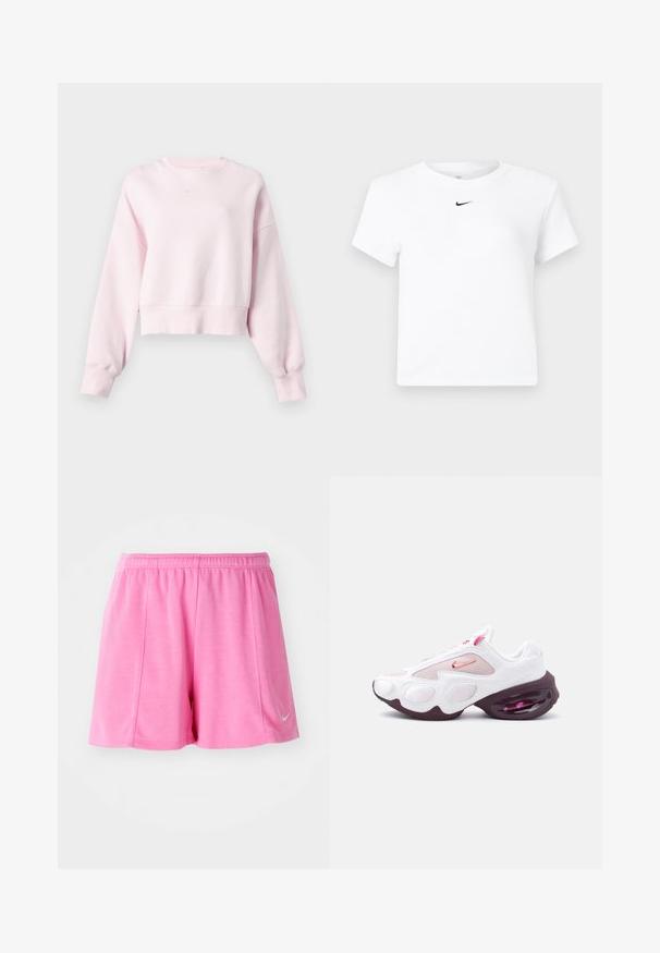 Lyserød cropped sweatshirt med lange ærmer og lille hvid Nike swoosh-logo centreret under rund halsudskæring.; Hvid Nike cropped T-shirt med korte ærmer og en lille sort Nike swoosh-logo centreret under nakkekanten.; Lyserøde atletiske shorts fremstillet af blødt stof, med et elastisk midjebånd og en logoaccent på siden. Lige ben design med en glat tekstur.; Hvid og lyserød atletiksneaker med meshpaneler, en lyserød Nike-swoosh og en tyk, mørkelilla sål med synlig luftpolstring.