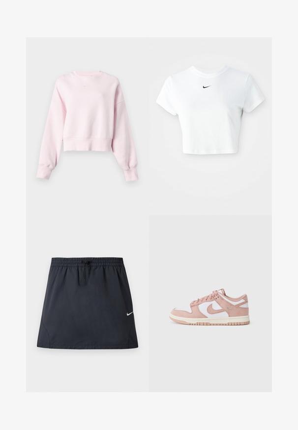 Lyserød cropped sweatshirt med lange ærmer og lille hvid Nike swoosh-logo centreret under rund halsudskæring.; Hvid kortærmet t-shirt lavet af bomuld, med korte ærmer og rund halsudskæring, og med et sort Nike-logo på brystet.; Sort atletisk nederdel med elastisk taljebånd og justerbar snøre, med en lille hvid Nike swoosh-logo på højre side.; Sneakeren har en blød rosa ruskinds-overdel, hvide læderpaneler og en tekstureret gummisål. Iøjnefaldende swoosh-logo på siderne og snørebinding.