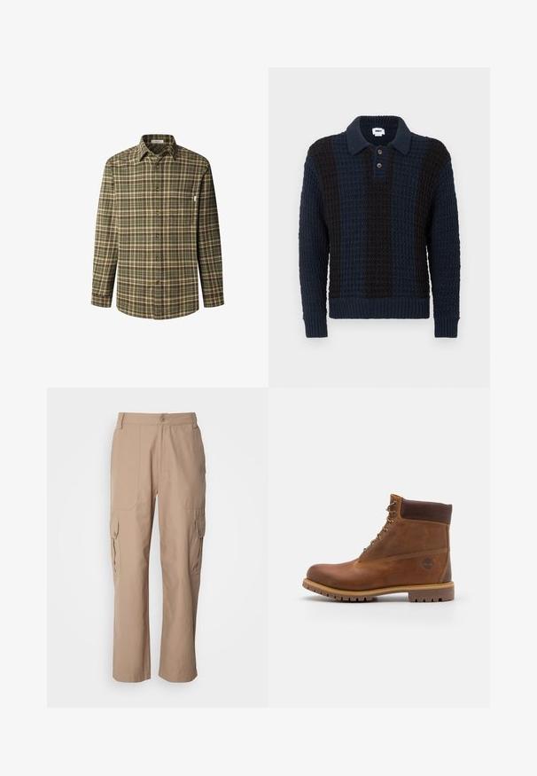 Polo-Style Pullover aus dunkelblauem und schwarzem Strickstoff mit strukturiertem Muster, ausgestattet mit einem Kragen und drei Holzknöpfen.; Hemd mit Knöpfen in grün-braunem Karomuster, mit langen Ärmeln, Kragen, Brusttasche, aus einem strukturierten Baumwollstoff und braunen Knöpfen.; Khakifarbene Cargo-Hosen aus leichtem Stoff mit zwei seitlichen Taschen, einem Knopfverschluss und einer geraden Beinform.; Braune Lederwanderschuhe mit glatter Oberfläche, gepolstertem Knöchel, Metallösen und einer Gummisohle mit robustem Profil.