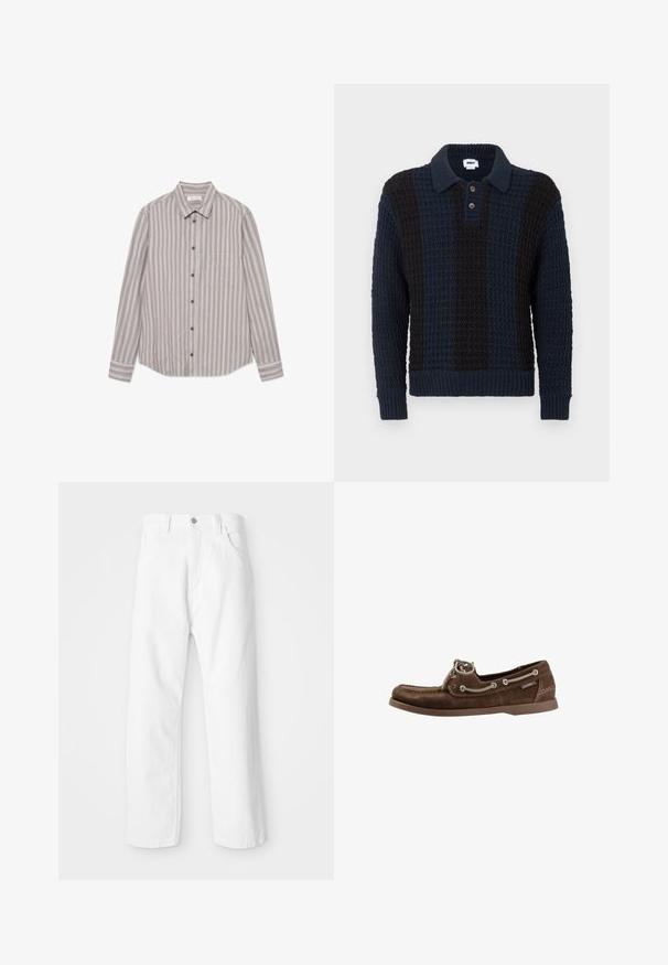 Polo-style sweater i mørkeblå og sort strikket stof med et tekstureret mønster, prydet med en krave og tre træknapper.; Stribet langærmet skjorte i beige og grå nuancer, lavet af et tekstureret stof. Har en klassisk krave, knaplukning foran og en brystlomme.; Hvide denimbukser med lige ben-design, der har en frontknap og lynlås lukning, fem lommer og en ren, tekstureret overflade.; Brun mokasin i ruskind med beige snørebånd og syningsdetaljer, flad sål og mærket side-tag.