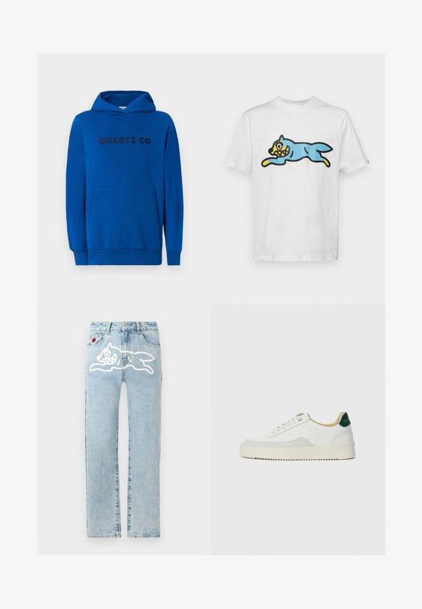 Blå hættetrøje lavet af blødt stof, med en kængurulomme, ribbede manchetter og "QUARTZ CO" logo trykt på forsiden i mørke bogstaver.; Hvid bomulds t-shirt med en blå, tegneserieagtig kat med et gult ansigt og skarpe tænder, placeret i en springende stilling.; Icecream RUNNING DOG PANT - Jeans Straight Leg - heavy wash blue; Hvide sneakers med ruskindsdetaljer, rund tå, flade snørebånd og en cremet gummisål. Har grøn branding på hælen.