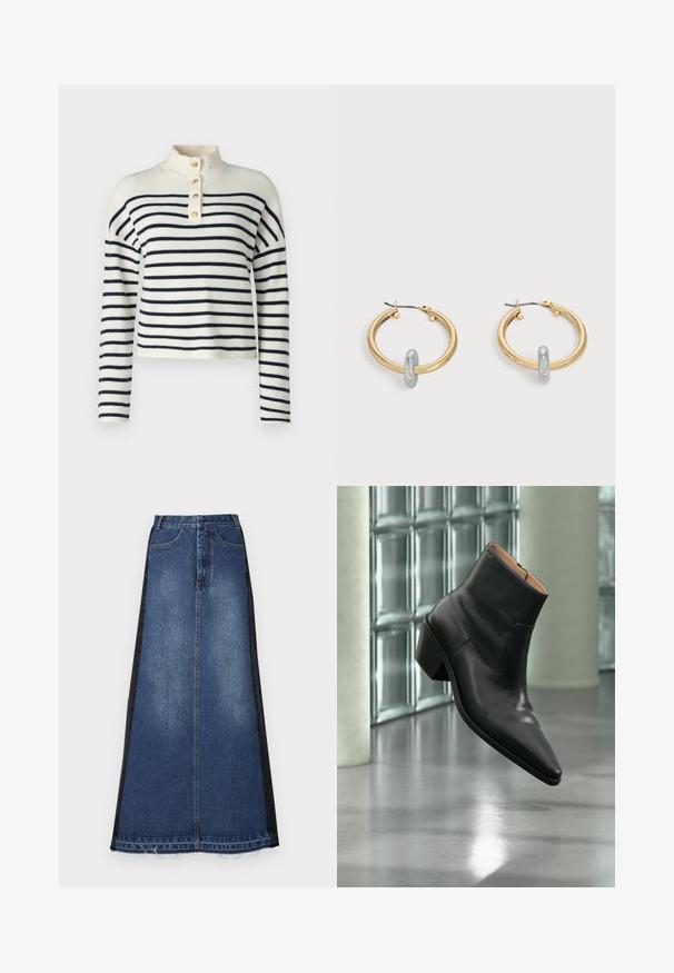 Strikket sweater i off-white og marineblå, med høj krave, lange ærmer og fem dekorative guldknapper ved halsudskæringen.; Maxi nederdel i denim med en blå hovedfarve og sorte sidepaneler, lige pasform, frynset kant og klassisk femlomme-design.; Sort læderankelstøvle med spids tå og blokhæl, der svæver over en reflekterende grå gulv nær en væg af glasblokke.; Par guldtonede hoop øreringe med lille sølvfarvet loop-detalje på hver, vist mod lysegrå baggrund.
