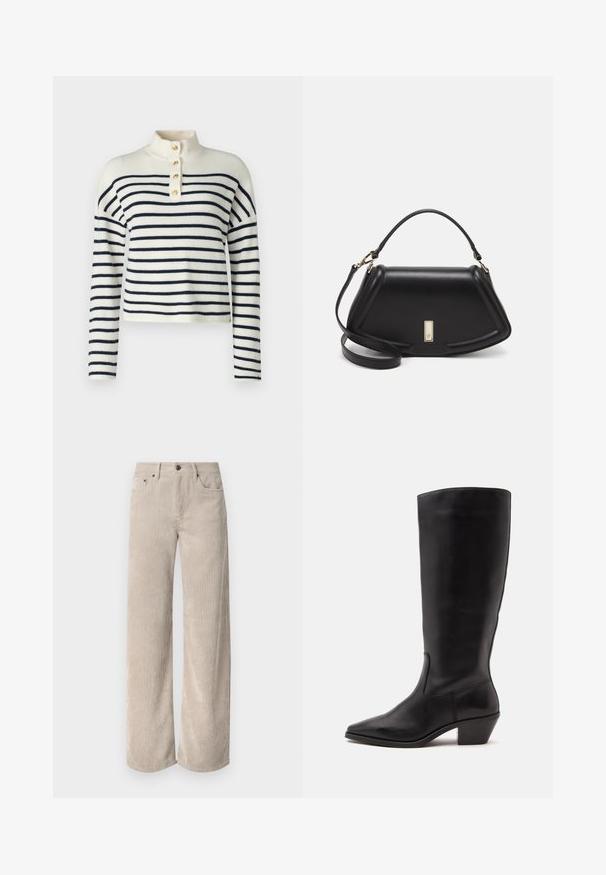 Gestreepte gebreide trui in off-white en navy, met een hoge kraag, lange mouwen en vijf decoratieve gouden knopen bij de hals.; Beige corduroy wijde broek met verticale strepen, voorzien van een knoopsluiting en voorkruiden. Zacht, gestructureerd materiaal met een relaxte pasvorm.; Zwarte leren laars tot half op de kuit met een puntige neus en een lage schuine hak op een effen lichte achtergrond.; Zwarte leren handtas met een gestructureerd ontwerp, featuring een verkorte vorm, bovenhandvat en gouden hardwareaccent. Inclusief verstelbare schouderband.