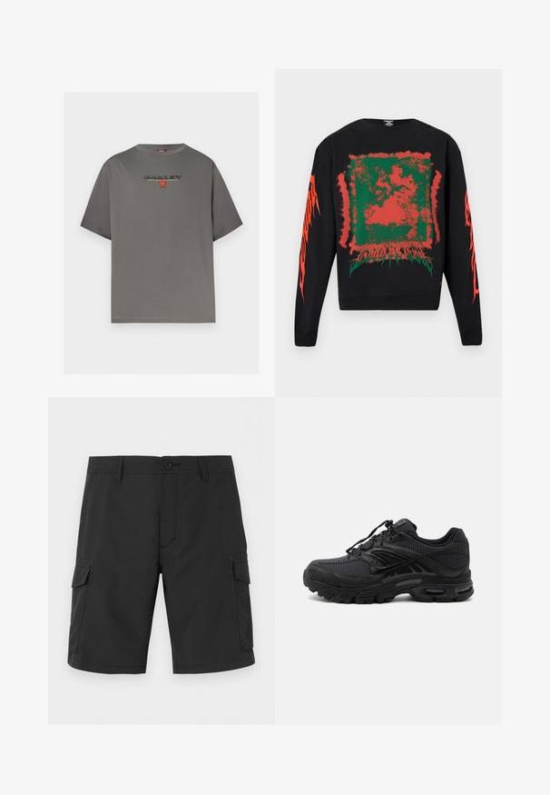 Sweat-shirt noir à manches longues avec un graphisme abstrait rouge et vert représentant un visage déformé sur le devant et des inscriptions rouges sur les deux manches.; T-shirt gris à manches courtes avec le logo "OAKLEY" et un petit graphisme rouge centré sur la poitrine, présenté sur un fond blanc uni.; Short cargo noir longueur genou avec passants de ceinture, fermeture à boutons, poches avant et poches à rabat des deux côtés.; Baskets de sport noires avec tissu texturé, semelle épaisse et rembourrée, aérations et fermeture à lacets, vues de profil sur fond clair.