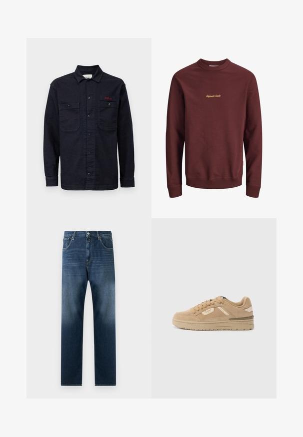 Vinrød sweatshirt med rund hals og lange ærmer med ribstrikkede ærmegab og linning, med lille gult "Originals Studio"-tekst centreret på brystet.; Mørkeblå denimskjorte med lange ærmer, knaplukning foran, to brystlommer og et lille rødt "REPLAY" logo på den venstre lomme.; Mørkeblå denim jeans med lige ben-design. Funktioner inkluderer forlommer, en lynlås i fronten og en subtil afblegning mod sømmen.; Tanfarvede ruskindssneakers med rund tå, snørelukning foran og polstret krave. Har en tekstureret mellemsål og diskrete brandingdetaljer på siden.
