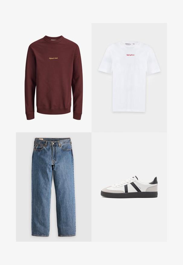 Dunkelrotes Sweatshirt mit langen Ärmeln und Rundhalsausschnitt, mit gerippten Bündchen und Saum, mit kleinem gelben "Originals Studio" Text mittig auf der Brust.; Weißes kurzärmeliges T-Shirt mit rotem "Rolling Stone" Logo auf der Brust, dargestellt auf einem einfarbigen hellgrauen Hintergrund.; Blaue Jeans aus Denim mit geradem Schnitt, hohem Bund, kupfernen Nieten und orangefarbener Naht. Mit Vorder- und Hintertaschen.; Weiße Sneaker mit schwarz- und grau-aczenten, ausgestattet mit einer strukturierten grauen Zehenkappe, schwarzer Gummi-Sohle und flachen weißen Schnürsenkeln. Sauberes Design, minimalistische Stil.