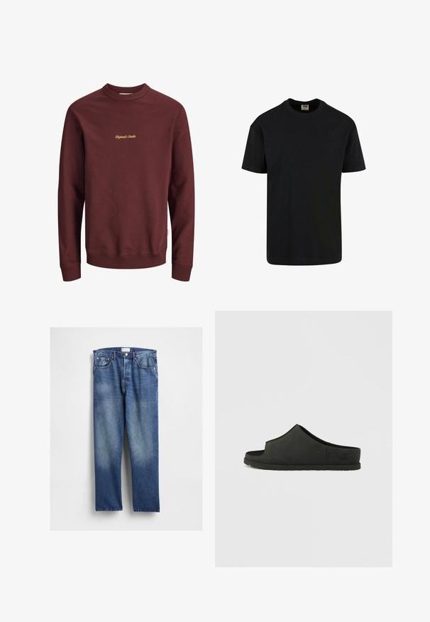 Dunkelrotes Sweatshirt mit langen Ärmeln und Rundhalsausschnitt, mit gerippten Bündchen und Saum, mit kleinem gelben "Originals Studio" Text mittig auf der Brust.; Urban Classics SHORTSLEEVE - T-Shirt basic - black; Blaue Denim-Jeans mit geradem Bein, vorne ausgeblichen, klassischem Fünf-Taschen-Design und Metallnieten an den Taschen.; Schwarze, minimalistische offene Sandale mit glatter Textur, gebogenem Obermaterial und flacher Gummisohle. Dezentes, eingeprägtes Logodetail an der Seite.