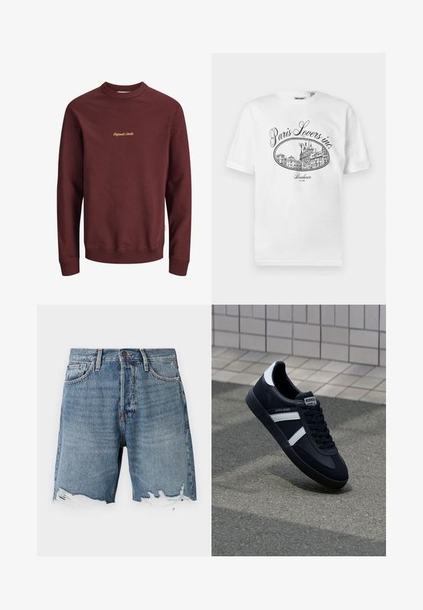 Vinrød sweatshirt med rund hals og lange ærmer med ribstrikkede ærmegab og linning, med lille gult "Originals Studio"-tekst centreret på brystet.; Hvid bomulds-T-shirt med et sort illustrativt tryk af en pariserbybillede med teksten "Paris Lovers inc." og "Bonheur EST.1992."; Lys blå denimshorts med en slidt kant, fem-lomme design og synlig syning. Har en knaplukning i taljen.; Sort lædersneaker med hvide striber, tekstureret gummisål og snørrebånd foran. Har et brandet mærke på tungen.