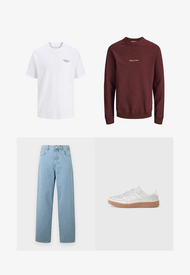 Vinrød sweatshirt med rund hals og lange ærmer med ribstrikkede ærmegab og linning, med lille gult "Originals Studio"-tekst centreret på brystet.; Hvid bomulds t-shirt med rund hals, der har et lille blåt trykt logo på brystet med teksten "PADEL CLUB Barcelona." Korte ærmer.; Lyseblå vide jeans lavet af denim, med frontknaplukning, traditionelt fem-lommer design og en afslappet pasform.; Sølv sneakers med en glat overflade, snørebånd, perforerede detaljer og en struktureret brun gummi sål.