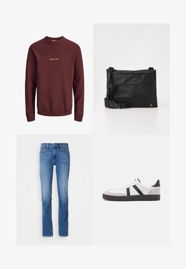 Sweat-shirt bordeaux à manches longues avec col rond, poignets et ourlet côtelés, présentant un petit texte jaune « Originals Studio » centré sur la poitrine.; Jeans en denim bleu avec une coupe droite, comportant cinq poches, une fermeture éclair à l'avant et des effets de délavage subtils. Coupe classique et lavage moyen.; Baskets blanches avec des accents noirs et gris, présentant un embout texturé gris, une semelle en caoutchouc noir et des lacets plats blancs. Design épuré, style minimaliste.; Sac messager en nylon noir avec une sangle réglable, un design plat et une étiquette latérale arborant un logo. Texture lisse et style minimaliste.