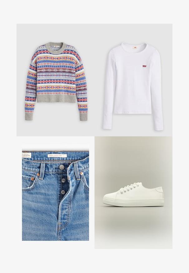 Suéter gris de punto con cuello redondo, que presenta patrones multicolores en filas horizontales de rojo, azul, amarillo y negro.; Camiseta blanca de manga larga Levi's con cuello redondo y pequeño logo rojo de Levi's en el pecho izquierdo, presentada sobre un fondo liso.; Jeans de mezclilla azul claro con corte recto a la altura del tobillo. Incluye cinco bolsillos, dos botones de metal y costuras naranjas visibles. Etiquetas presentes.; Zapatilla blanca baja con cordones blancos y suela de goma mostrada desde vista lateral sobre un fondo neutro.