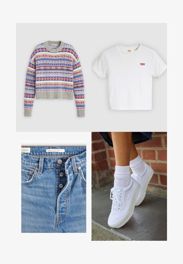 Suéter gris de punto con cuello redondo, que presenta patrones multicolores en filas horizontales de rojo, azul, amarillo y negro.; Camiseta blanca de manga corta con cuello redondo y pequeño logo rojo de Levi's en el pecho izquierdo.; Jeans de mezclilla azul claro con corte recto a la altura del tobillo. Incluye cinco bolsillos, dos botones de metal y costuras naranjas visibles. Etiquetas presentes.; Zapatillas de lona blancas con suelas de goma, que presentan seis ojales, puntera redonda y detalles de costura ligera, combinadas con calcetines blancos hasta el tobillo.