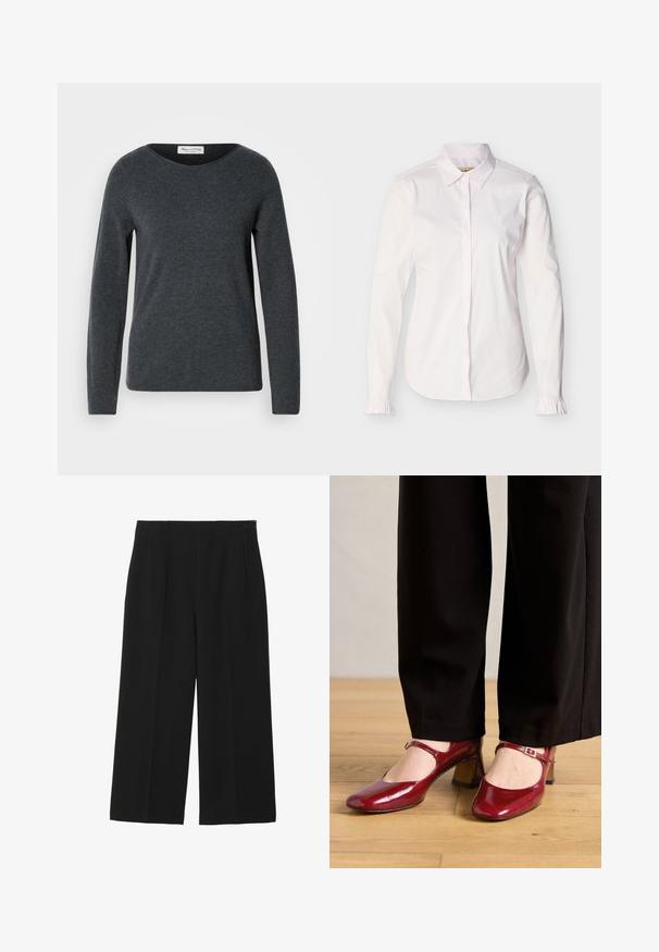 Mørkegrå langærmet sweater med rund halsudskæring, lavet af blødt stof. Har en glat tekstur og en almindelig pasform. Mærket label er synlig.; Hvid dameskjorte med lange ærmer, spids krave, skjulte knapper foran og små flæsedetaljer ved manchetterne.; Sorte breddebenede bukser lavet af glat stof, med to forlommer, flad front og lynlås lukning på siden.; Røde patentlæder Mary Jane højhælede sko med firkantet tå, en rem over vristen og en lav blokhælt. Båret med sorte bukser.