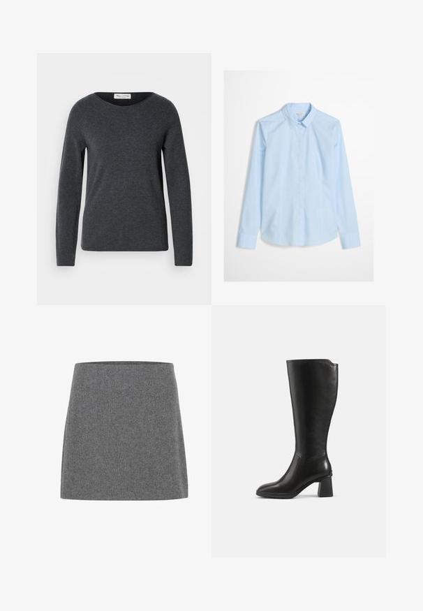 Pull gris foncé à manches longues avec un col rond, fait de tissu doux. Présente une texture lisse et une coupe régulière. Étiquette de la marque visible.; Chemise bleu clair à manches longues, col classique, avec un logo discret brodé sur la poitrine. Tissu lisse et net.; Une mini-jupe en feutre gris avec une coupe droite et une texture lisse, dotée d'une large ceinture et sans coutures ni embellissements visibles.; Botte en cuir noire montant jusqu’au genou avec un talon bloc et un bout arrondi, vue de profil sur un fond uni.