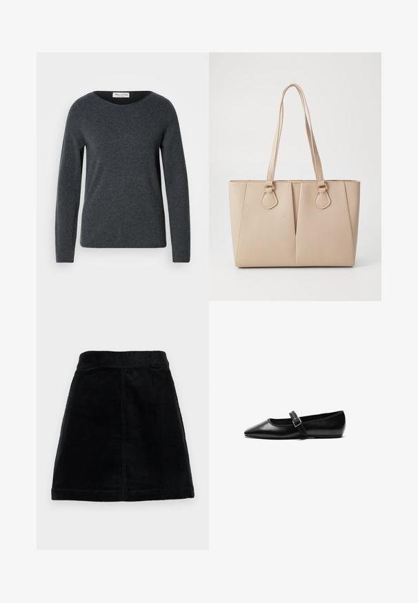 Mørkegrå langærmet sweater med rund halsudskæring, lavet af blødt stof. Har en glat tekstur og en almindelig pasform. Mærket label er synlig.; Sort kordfløjlsskjørt med en tætsiddende talje, lige skæring og tekstureret stof med lodrette ribber. Ingen synlige lukninger eller udsmykninger.; Sorte flade sko lavet af læder med spidse tæer, justerbar rem med metalspænde, glat tekstur og minimalistisk design.; Beige tote taske lavet af tekstureret kunstlæder, med dobbelte håndtag og guldfarvede hardware accenter. Designet inkluderer en delt frontdetalje.